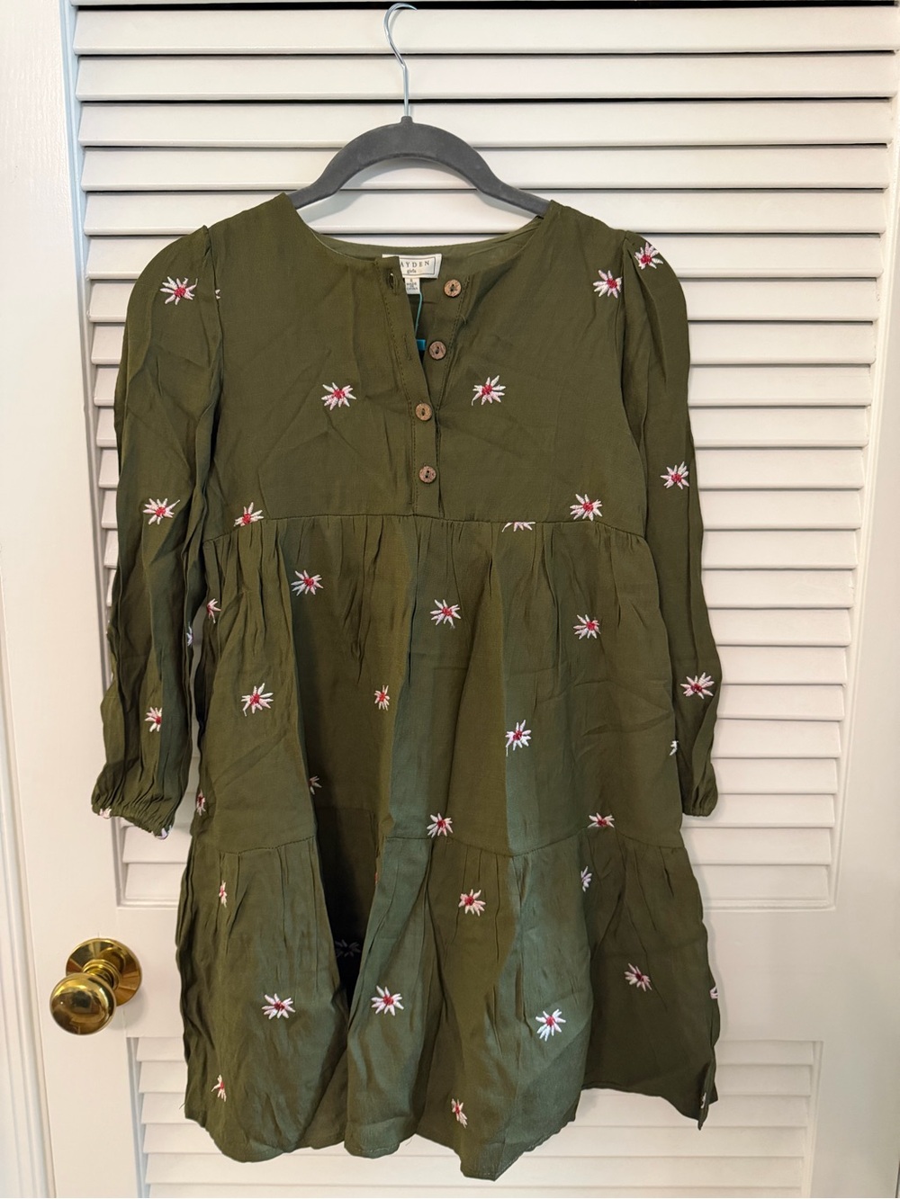 Hayden Girls Olive Green Floral Embroidered Tiered Dress